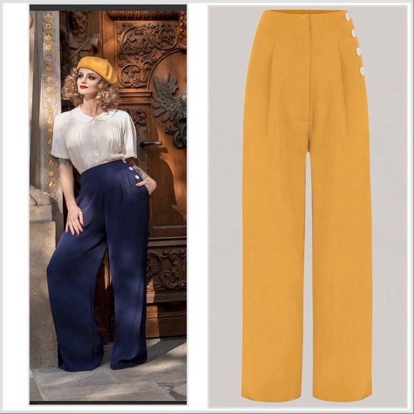 Seamstress of Bloomsbury Pants - SOLD Retro Pants 40s Style Gold Wide Leg M L UK 12 Seamstress Of Bloomsbury
